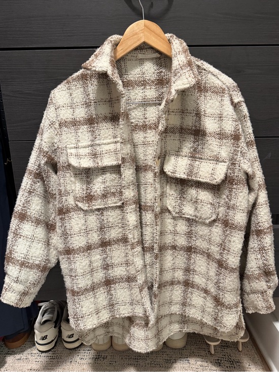 12th Tribe Sweaters - 12th Tribe Cream and Brown Plaid Cozy Shacket